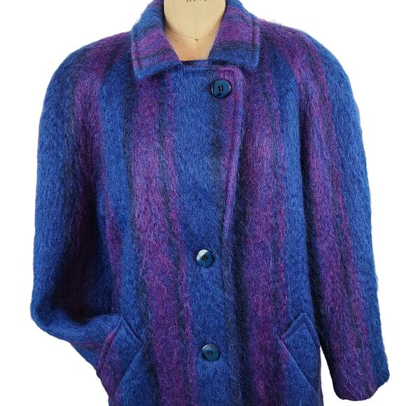 Vintage 1980s mohair coat fushia blue black raglan sleeve maxi overcoat L